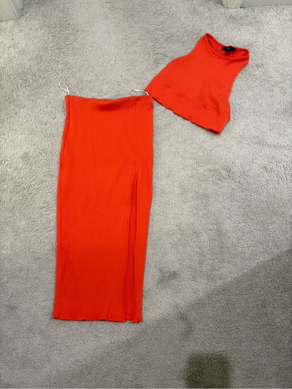 Lulu's Bright Orange Ribbed Top and Midi Skirt with Side Slit Two Piece Set